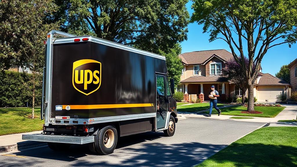 A delivery truck parked on a residential street, with a UPS driver carrying a package towards a house under a clear blue sky.