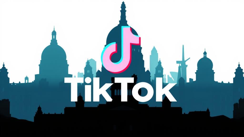 A dynamic collage of TikTok's logo fading into silhouettes of government buildings, symbolizing the tension between digital innovation and regulatory challenges.