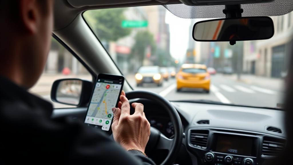 A DoorDash driver navigating city streets with a smartphone GPS, highlighting potential earnings on the screen.