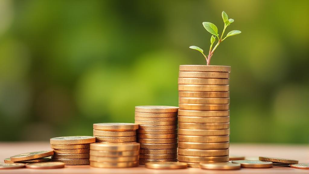 A vibrant image of a growing stack of coins with a small plant sprouting from the top, symbolizing financial growth and savings.