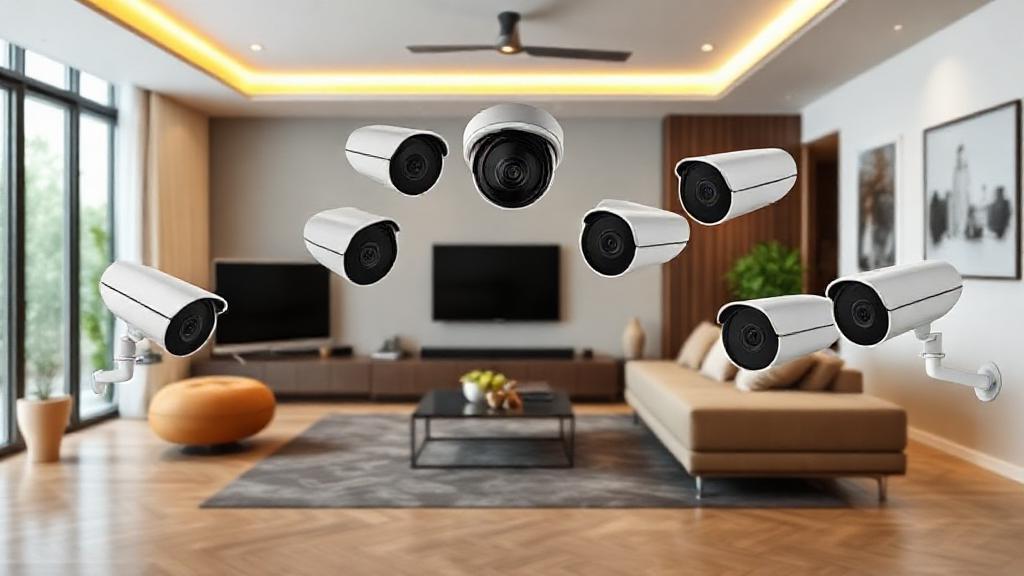 A modern living room with various sleek security cameras discreetly placed, highlighting advanced home protection technology.