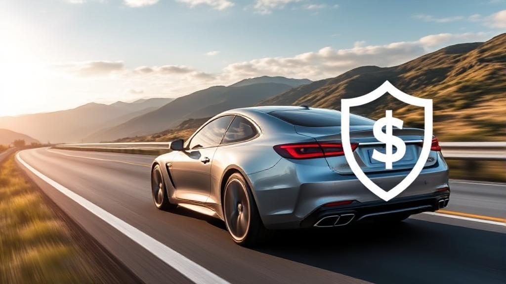 A sleek car driving on a scenic highway, with icons of a shield and dollar sign overlayed, symbolizing protection and cost in car insurance.