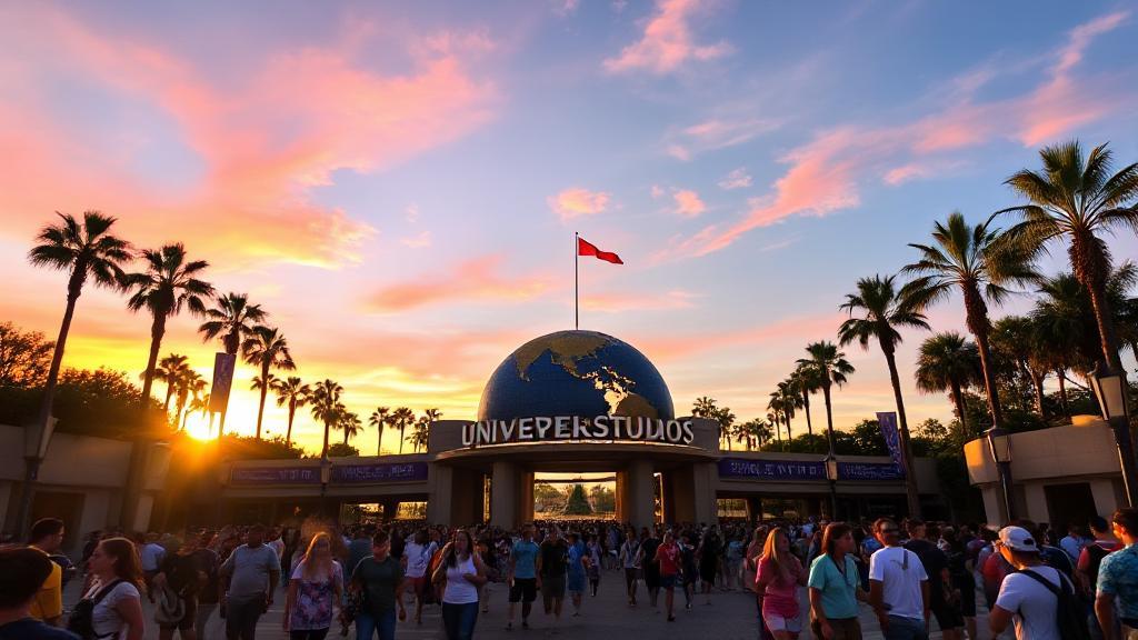 A vibrant image of the Universal Studios entrance at sunrise, bustling with excited visitors ready to explore the park.