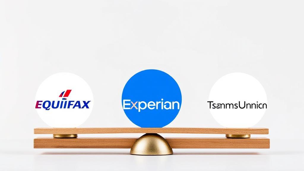 A balanced scale with the logos of Equifax, Experian, and TransUnion, symbolizing the comparison of credit bureaus used by lenders.
