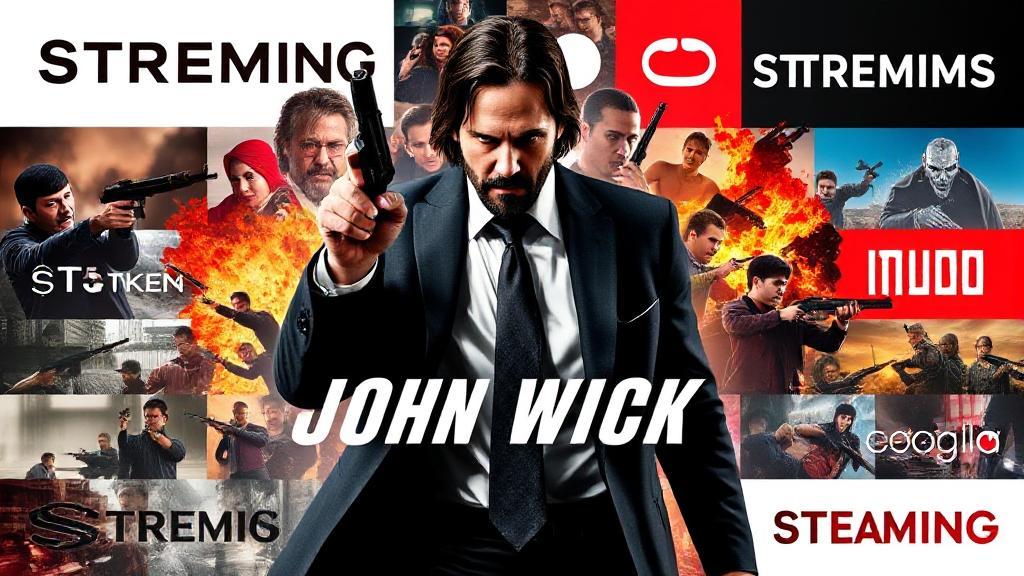 A dynamic collage of action-packed scenes featuring John Wick, set against a backdrop of streaming platform logos.