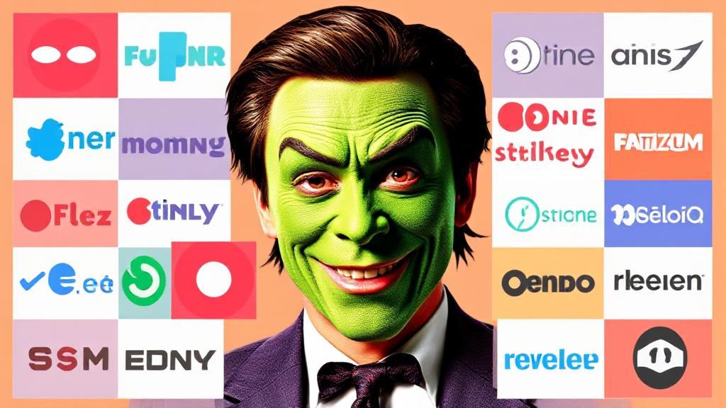 A vibrant collage featuring Jim Carrey's iconic green-faced character from "The Mask" surrounded by streaming platform logos.