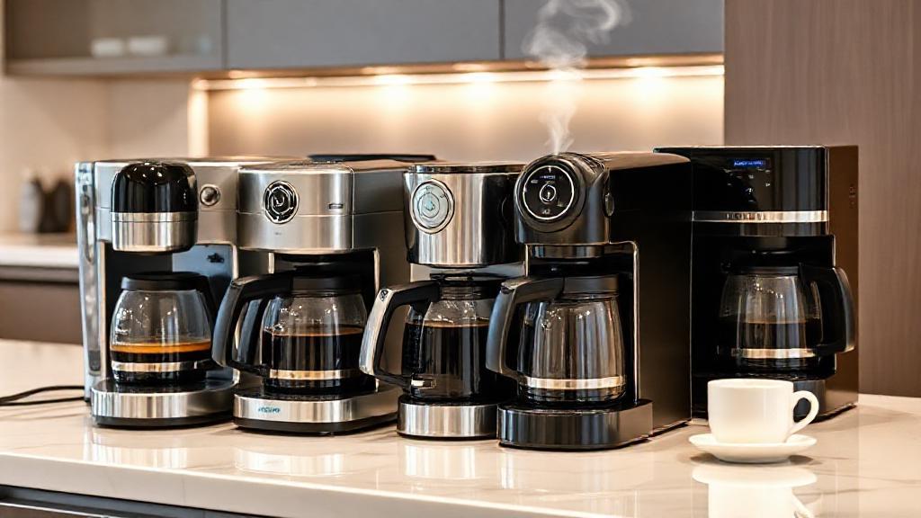 A modern kitchen countertop displaying a stylish lineup of the latest coffee makers brewing fresh coffee, with steam rising and coffee cups ready to serve.
