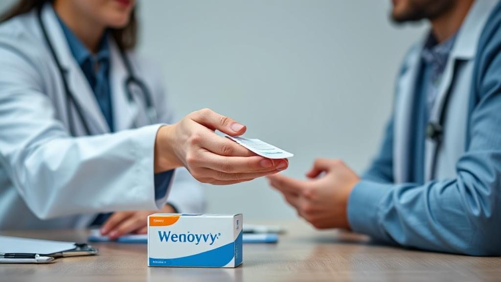 A header image depicting a doctor handing a prescription to a patient, with a Wegovy medication box visible on the desk.