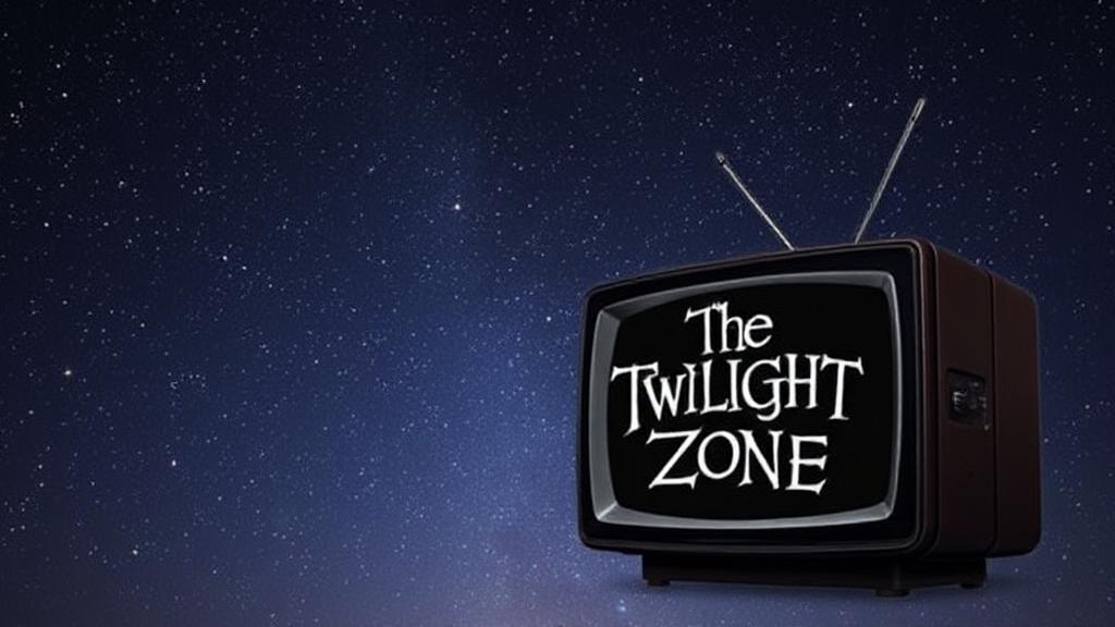 A mysterious, starry night sky with a vintage television set displaying the iconic "The Twilight Zone" logo.