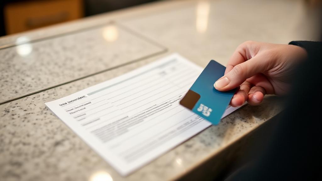 A close-up image of a person holding a debit card and filling out a money order form at a counter.