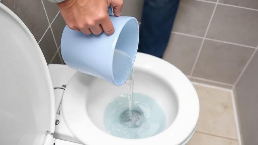 A person manually pouring a bucket of water into a toilet bowl to demonstrate flushing without a water supply.