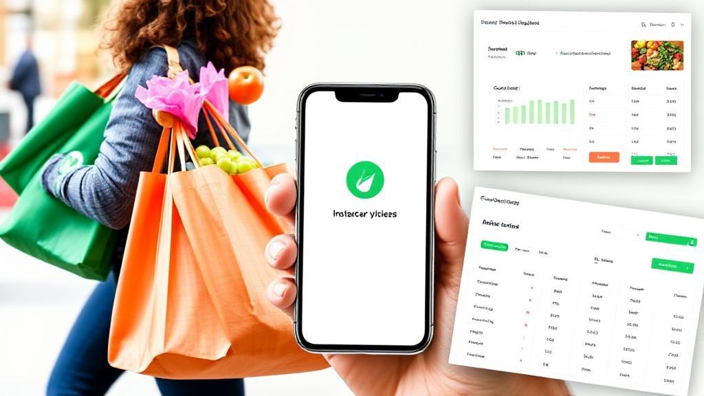 A dynamic collage of Instacart shoppers in action, featuring grocery bags, a smartphone with the Instacart app, and a digital earnings dashboard.