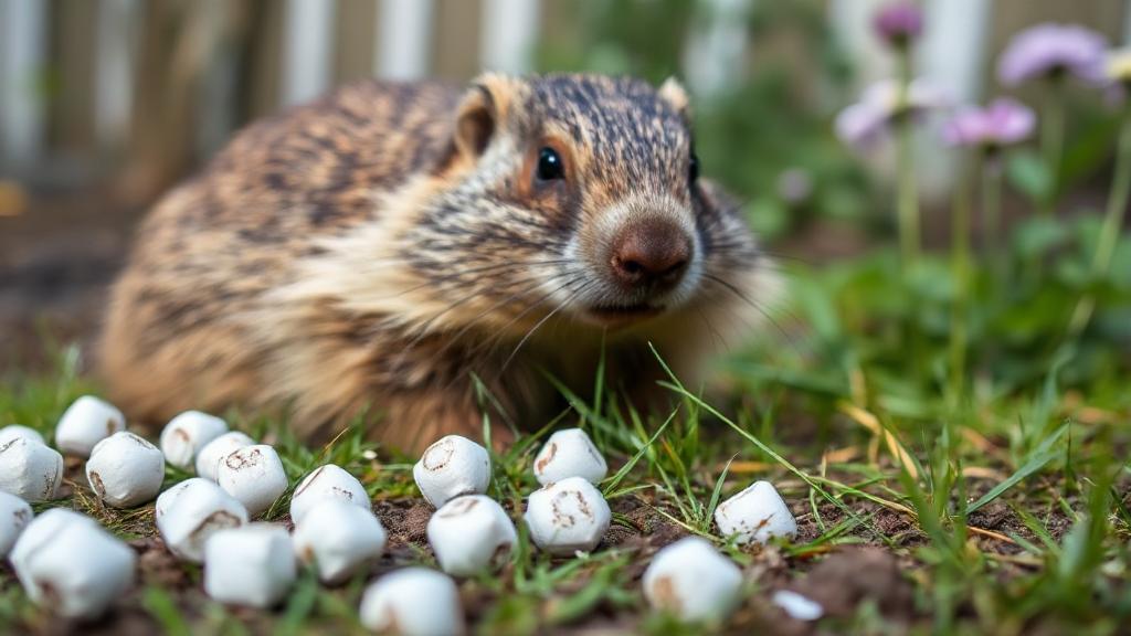 A close-up image of a groundhog in a garden, with scattered mothballs in the foreground, illustrating the topic of pest control methods.