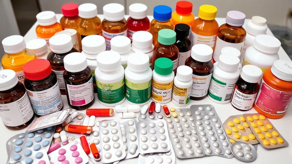 A diverse array of prescription medication bottles and blister packs arranged on a table, symbolizing the various treatment options for COVID-19.