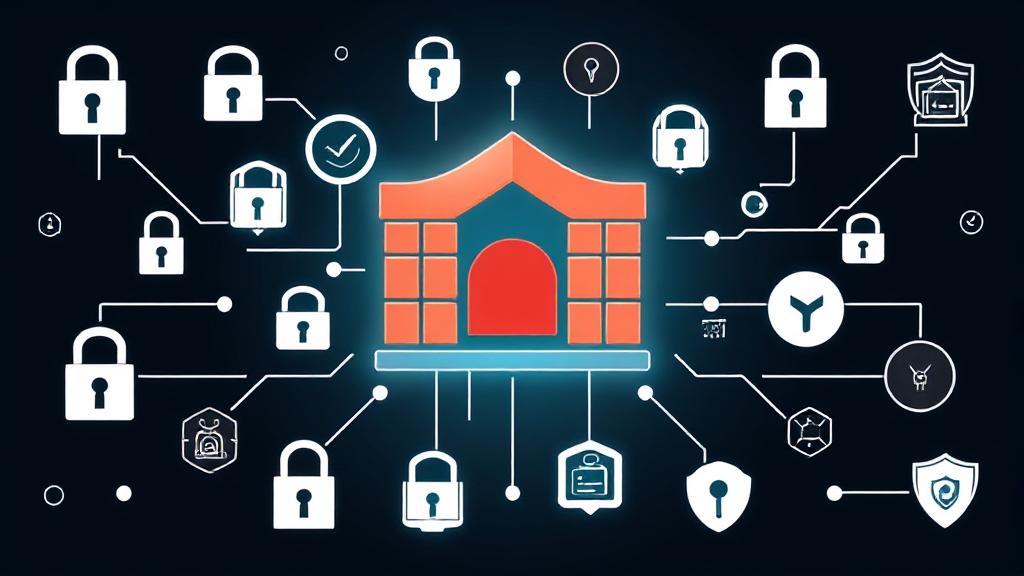 A digital illustration of a firewall icon surrounded by various cybersecurity symbols, such as locks and shields, on a dark background.