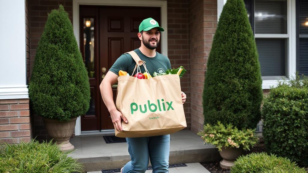 A delivery driver carrying a Publix grocery bag to a suburban doorstep.