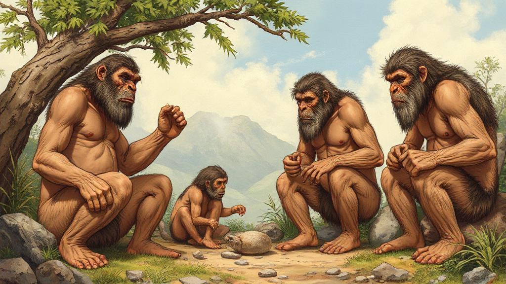 A detailed illustration of Neanderthals in their natural habitat, showcasing their daily activities and interactions.