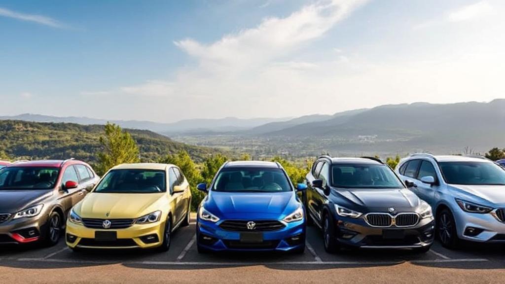 A diverse lineup of cars parked in front of a scenic backdrop, symbolizing the variety of car insurance options available.