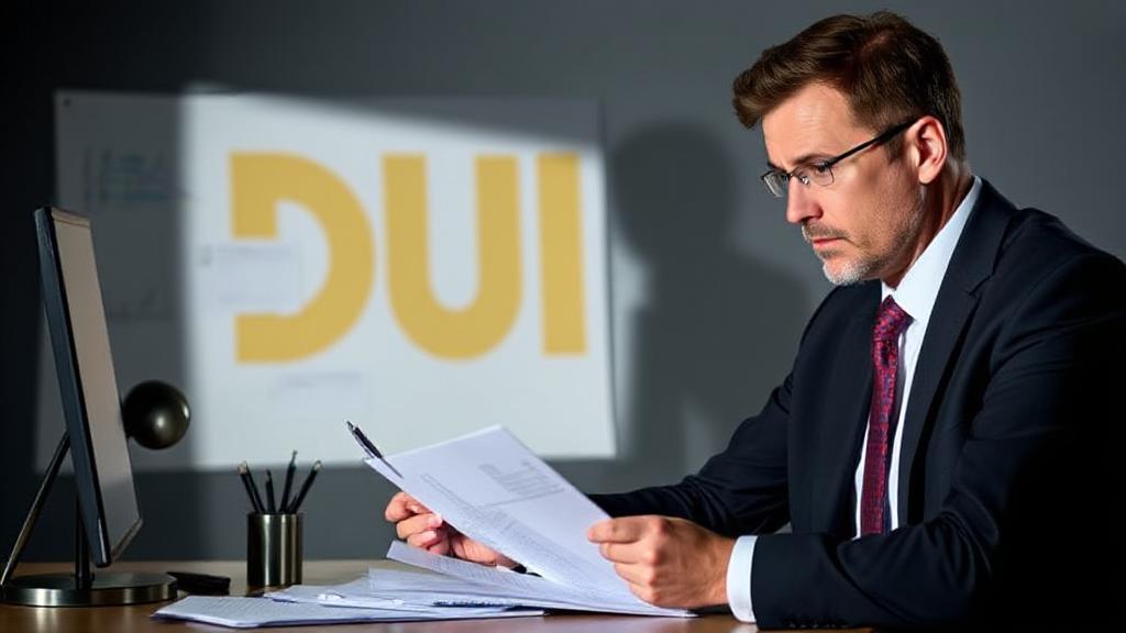 A concerned professional reviews job applications, with a shadowy DUI charge looming in the background.