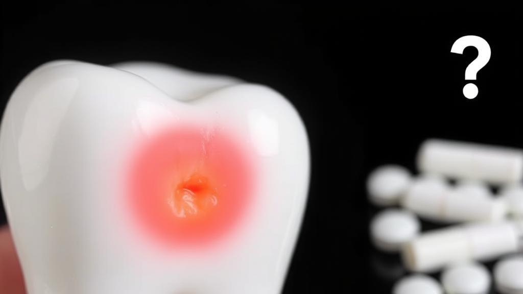 A close-up image of a tooth with a highlighted abscess, surrounded by antibiotic pills and a question mark.