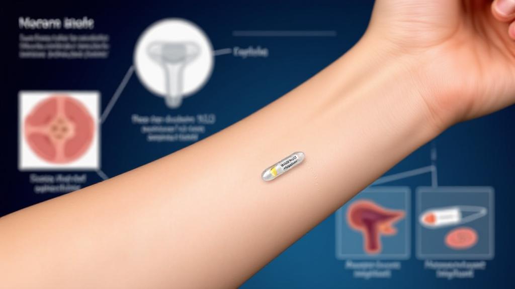 A close-up image of a woman's arm with a visible Nexplanon implant under the skin, set against a backdrop of medical illustrations explaining its mechanism.