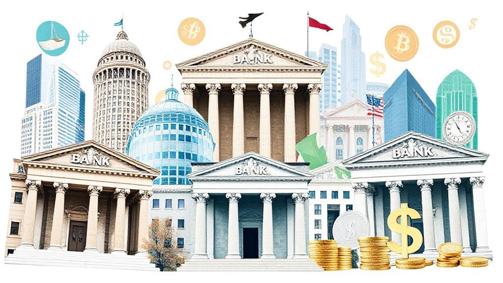 A dynamic collage of iconic bank buildings and financial symbols, representing stability and trust in the banking industry.