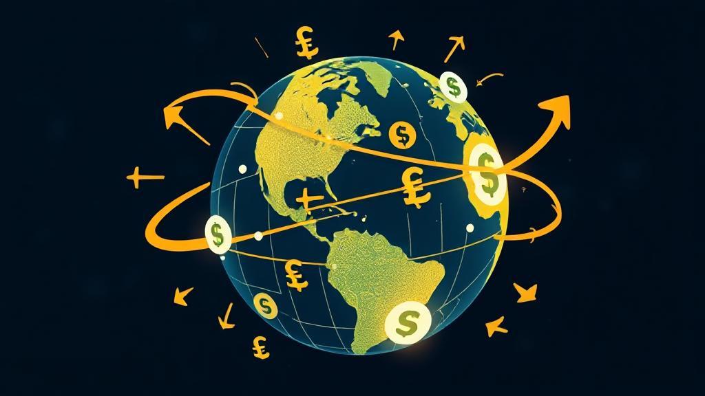 A dynamic illustration of a globe with interconnected currency symbols and arrows, symbolizing global money transfers.