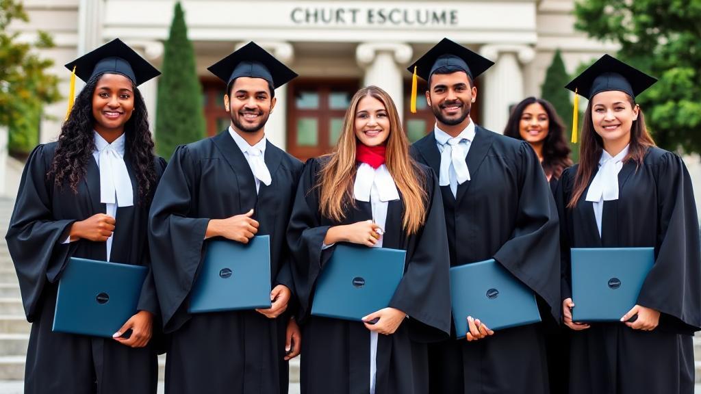 A diverse group of law students in graduation attire, holding diplomas, standing in front of a courthouse.