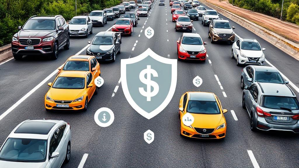 A sleek collage of diverse cars on a highway, overlaid with icons of insurance shields and dollar signs.
