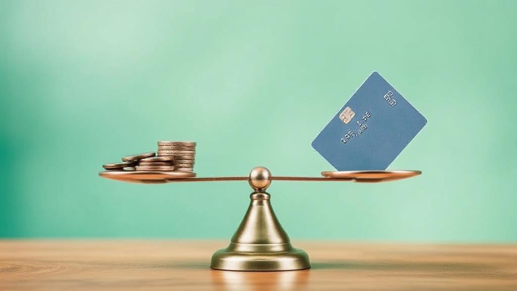 A balanced scale with coins on one side and a credit card on the other, symbolizing the decision between saving money and paying off debt.