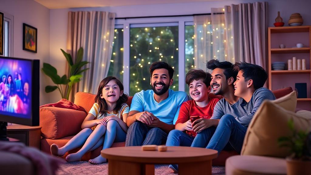 A vibrant header image featuring Bluey and her family joyfully watching TV together in their cozy living room.
