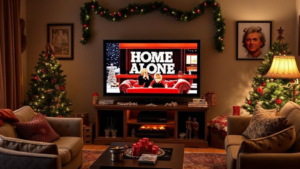 A cozy living room scene with a TV displaying the iconic "Home Alone" movie poster, surrounded by holiday decorations.