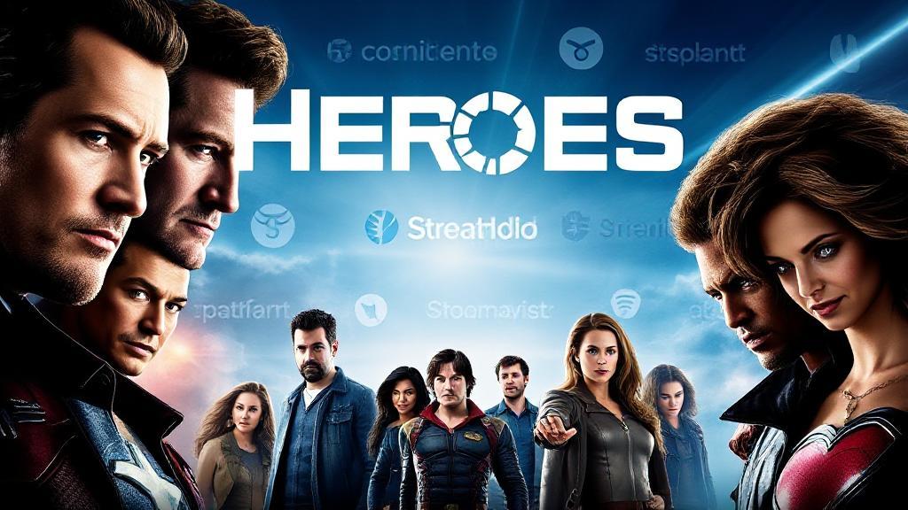 A dynamic collage of the main characters from "Heroes" with streaming platform logos in the background.