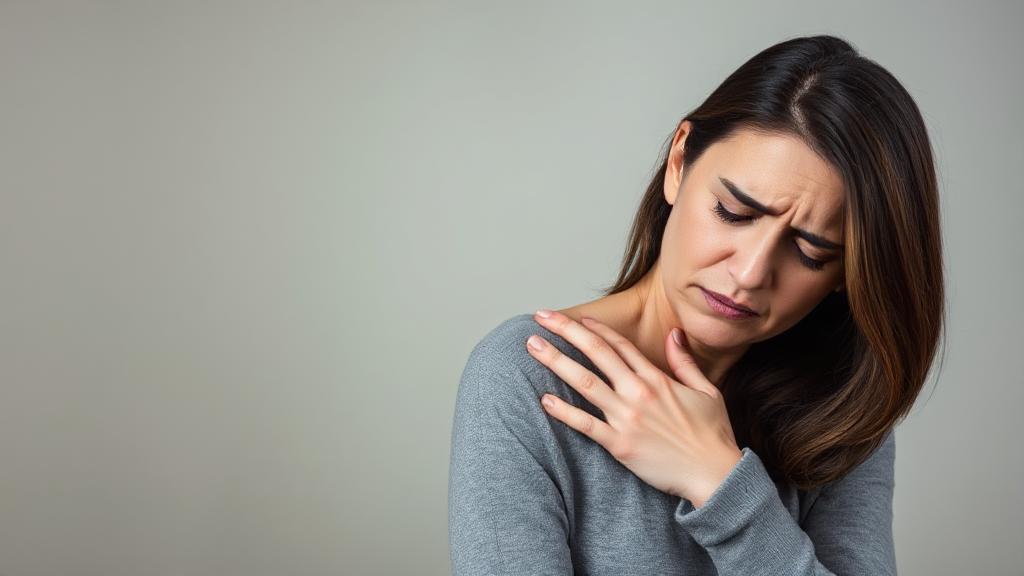A woman gently holding her shoulder with a pained expression, set against a soft, muted background symbolizing the connection between endometriosis and shoulder pain.