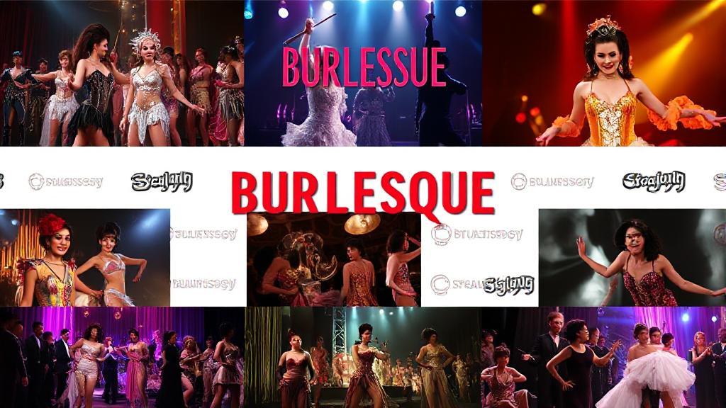 A vibrant collage of scenes from "Burlesque," featuring dazzling costumes and dynamic performances, set against a backdrop of streaming platform logos.