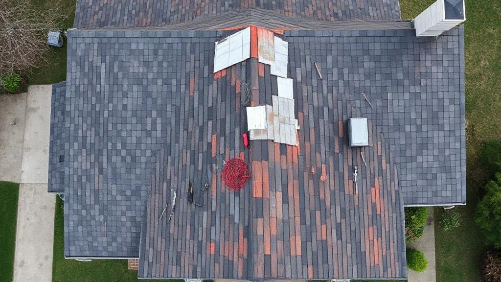 A detailed aerial view of a house with a partially replaced roof, showcasing different roofing materials and tools.