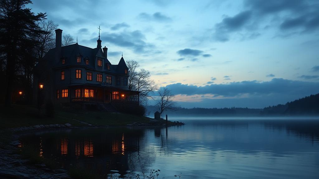 A serene lakeside scene at dusk, with a mysterious mansion in the background, capturing the ethereal and nostalgic essence of "When Marnie Was There."