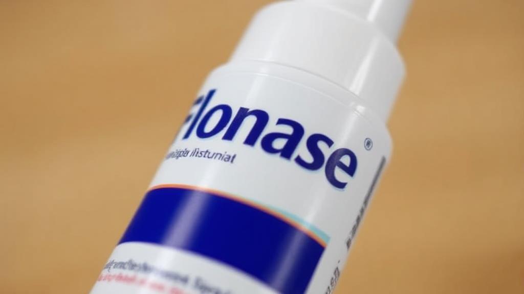 A close-up image of a Flonase nasal spray bottle with a clear background, emphasizing its usage instructions.