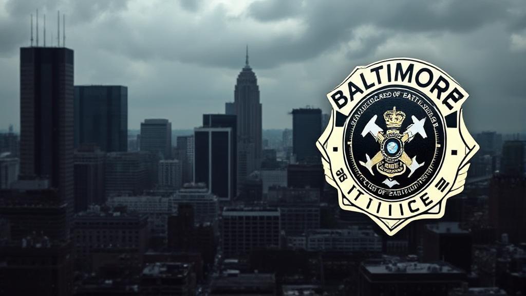 A gritty cityscape of Baltimore with a subtle overlay of a police badge and a television screen icon.