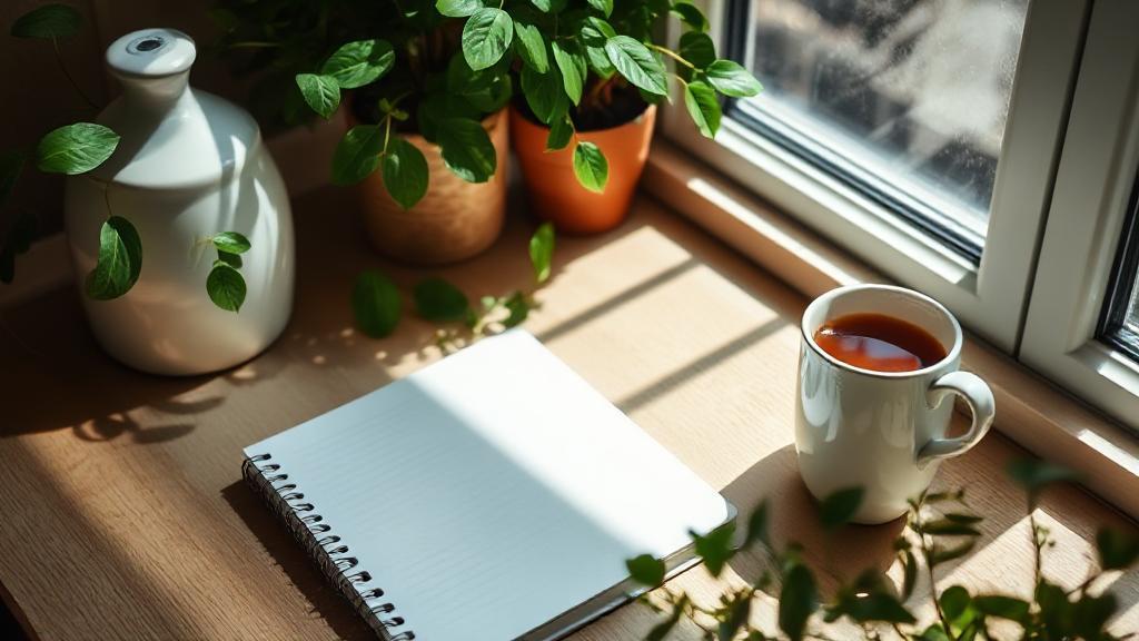 A serene workspace with natural light, a notebook, a cup of tea, and greenery, evoking focus and mental clarity.