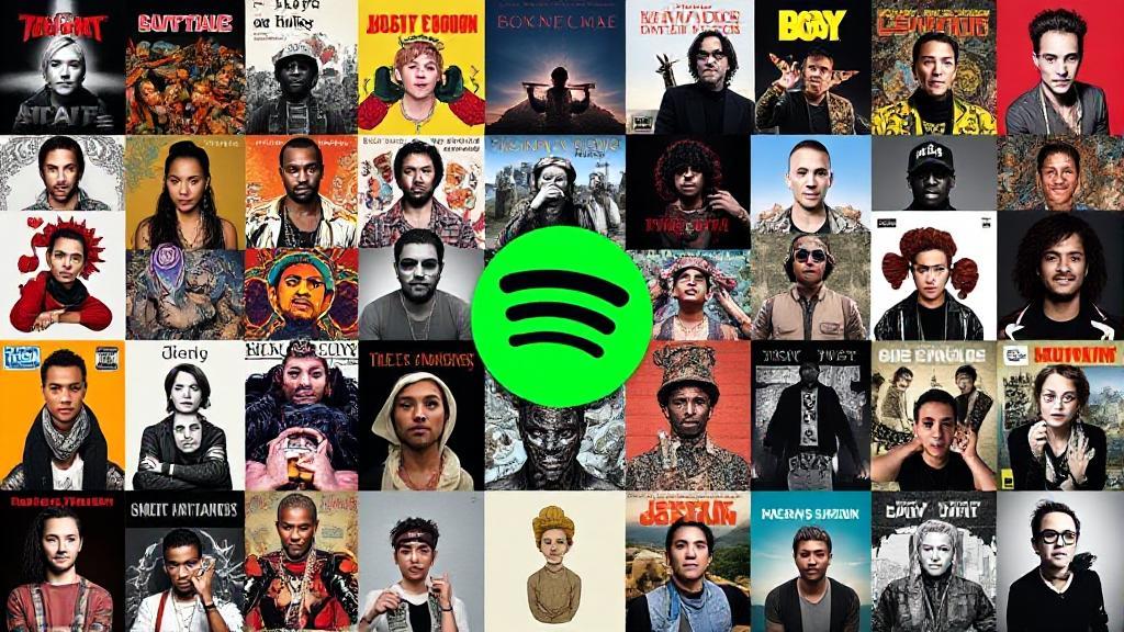 A vibrant collage of popular album covers and artist portraits, symbolizing the dynamic and ever-changing music scene on Spotify.