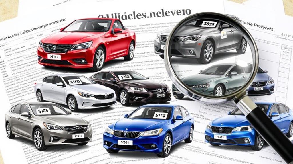 A collage of various car models with price tags, set against a backdrop of insurance policy documents and a magnifying glass.