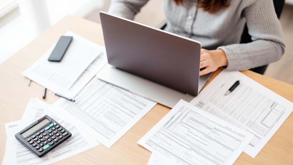A person sitting at a desk with a laptop, surrounded by tax documents and a calculator, focused on filing their taxes.