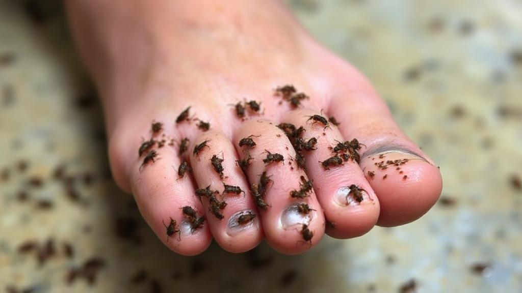 A close-up image of a foot infested with jiggers, highlighting the severity and impact on skin health.