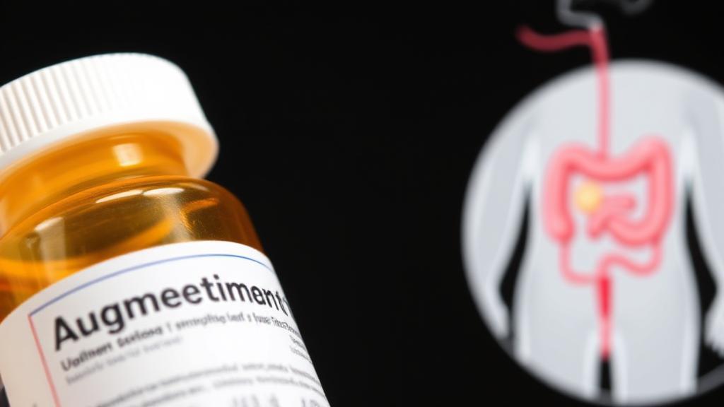 A close-up image of a prescription bottle labeled "Augmentin" alongside a medical illustration of the urinary tract system.