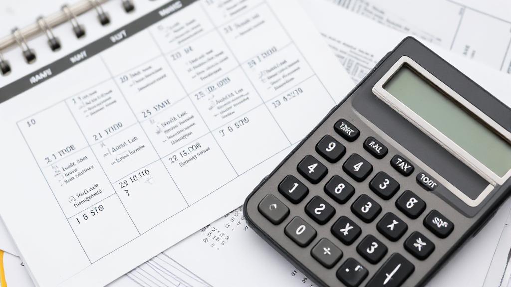 A calendar marked with important tax filing dates and a calculator resting on a stack of tax documents.