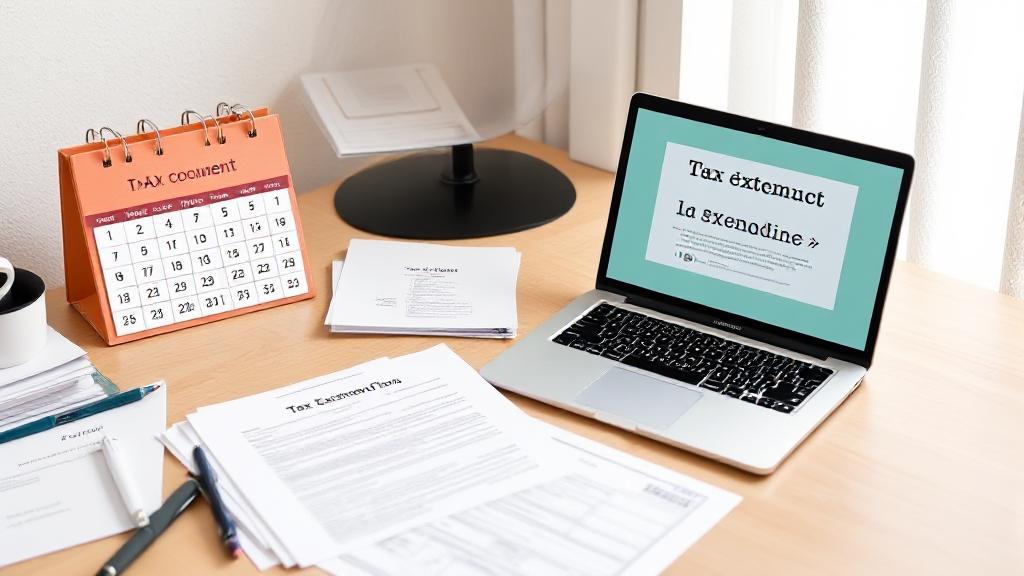 A neatly organized desk with tax documents, a calendar marked with the tax deadline, and a laptop displaying a tax extension form.