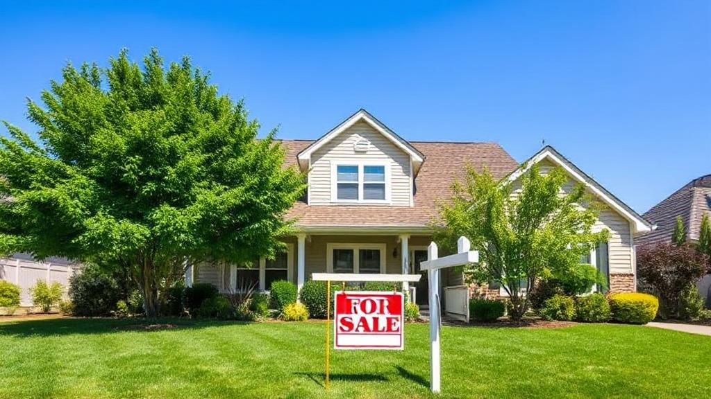A serene suburban home with a "For Sale" sign, surrounded by lush greenery under a clear blue sky, symbolizing the ideal conditions for refinancing.