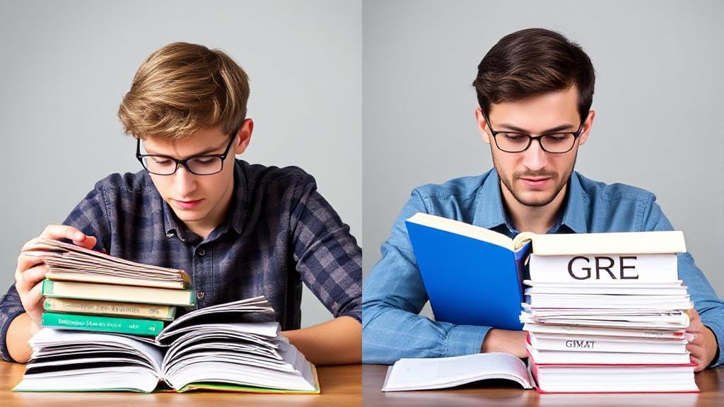 A split image showing a student intensely studying with GMAT books on one side and GRE books on the other, symbolizing the comparison of the two exams.