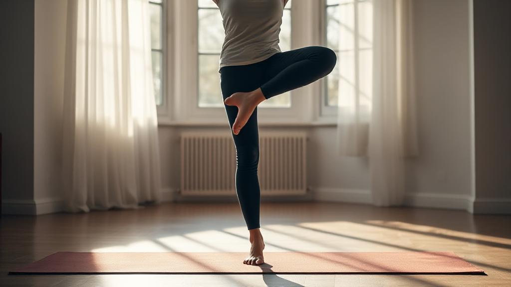 A person confidently balancing on one leg atop a yoga mat, surrounded by soft natural light in a serene indoor setting.